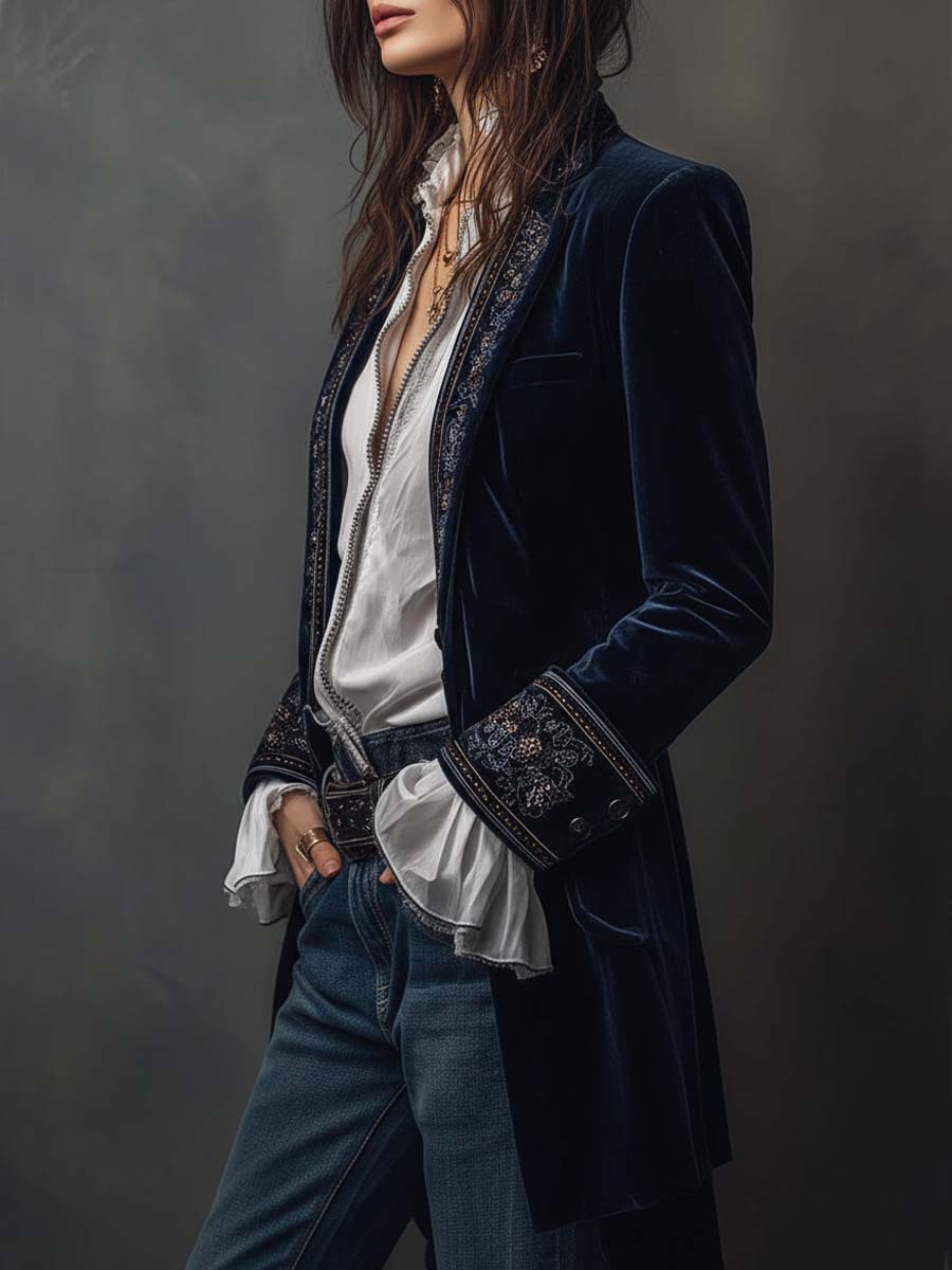 Federica | Veste longue vintage en velours bleu marine avec broderies