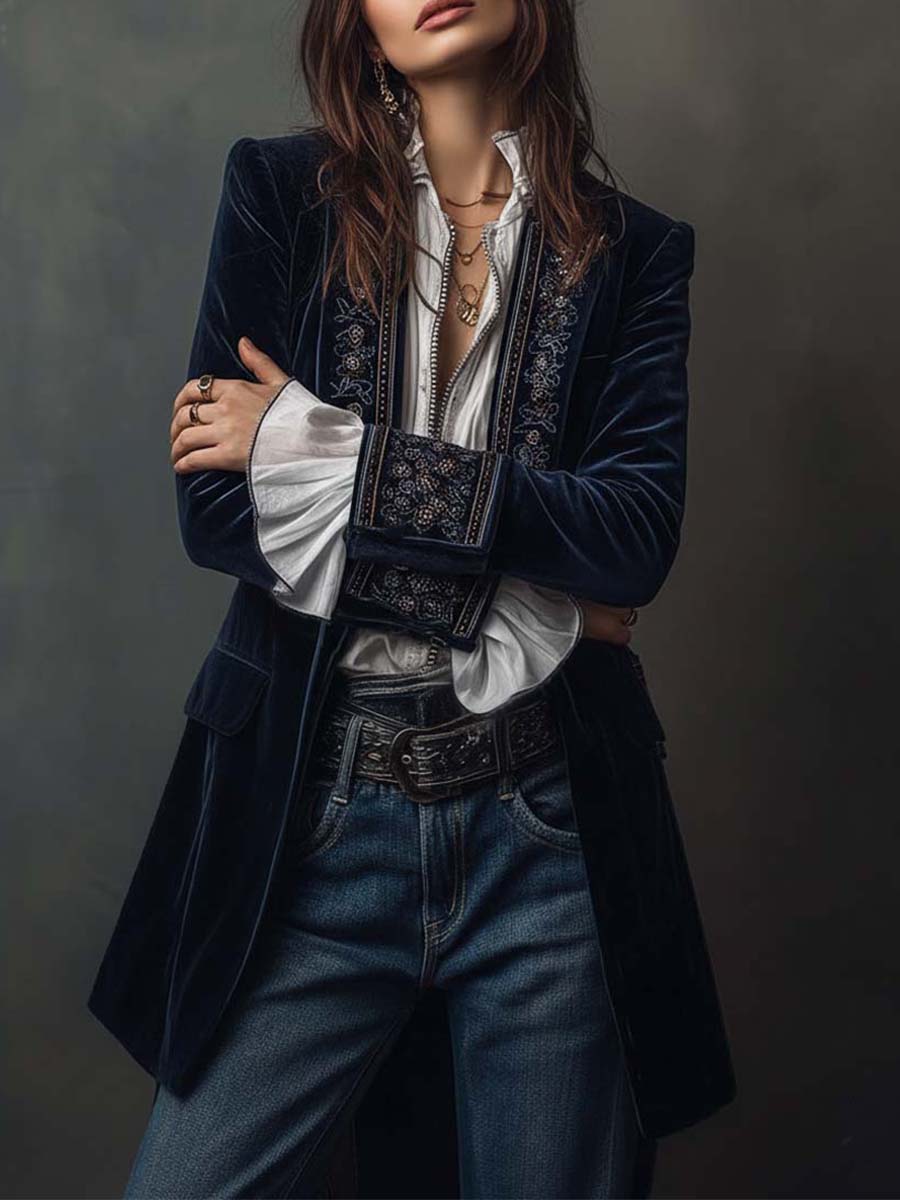Federica | Veste longue vintage en velours bleu marine avec broderies