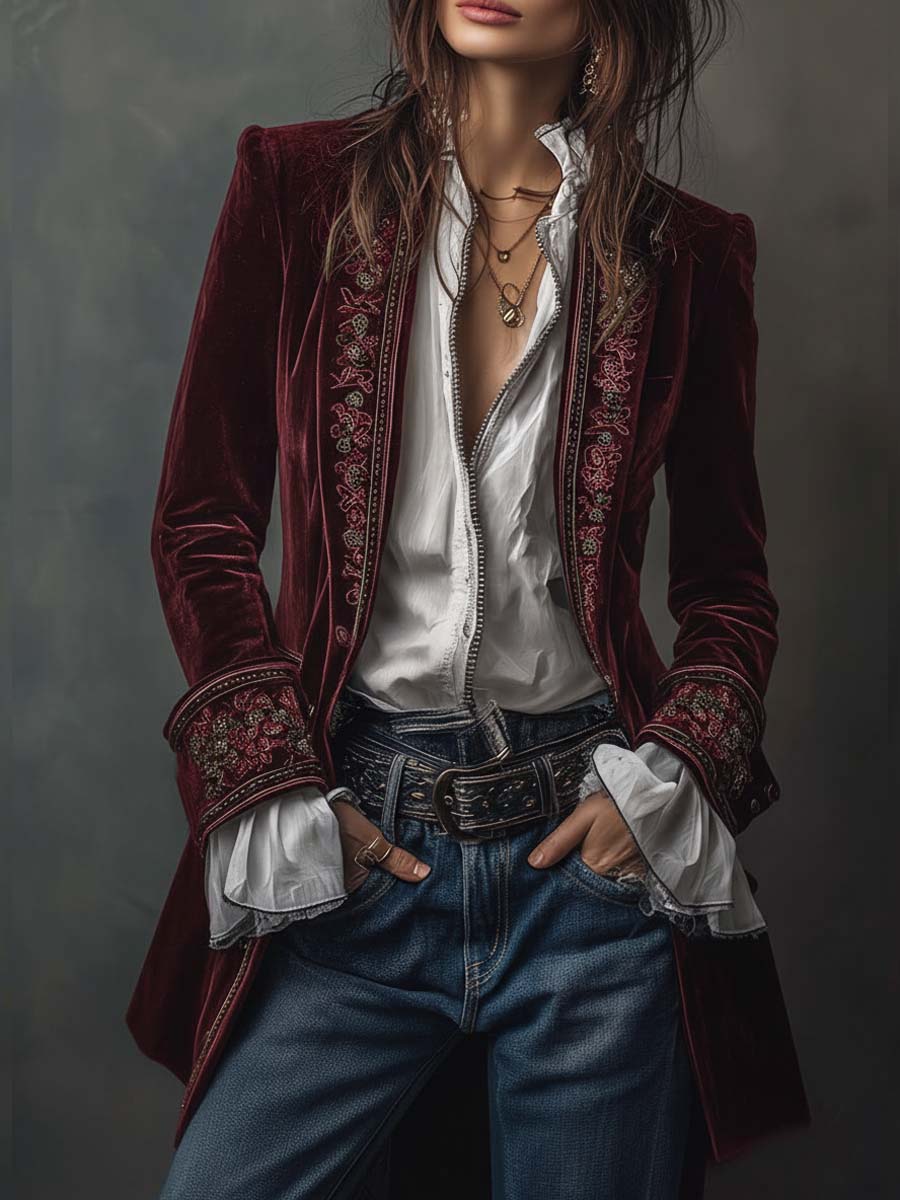 Federica | Veste longue vintage en velours bleu marine avec broderies