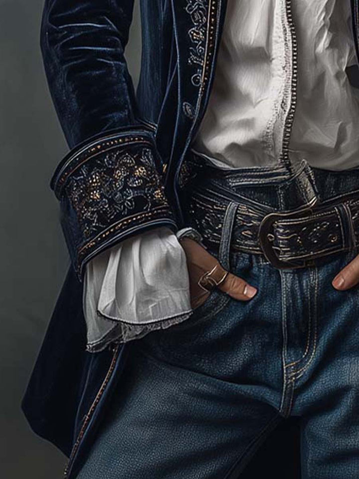 Federica | Veste longue vintage en velours bleu marine avec broderies