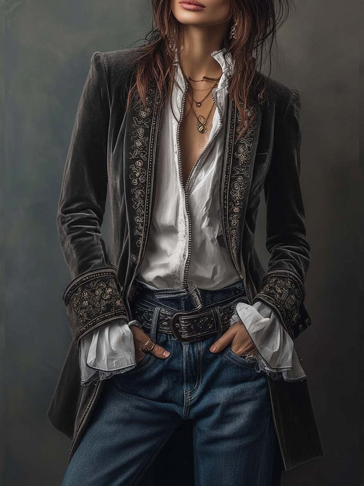 Federica | Veste longue vintage en velours bleu marine avec broderies